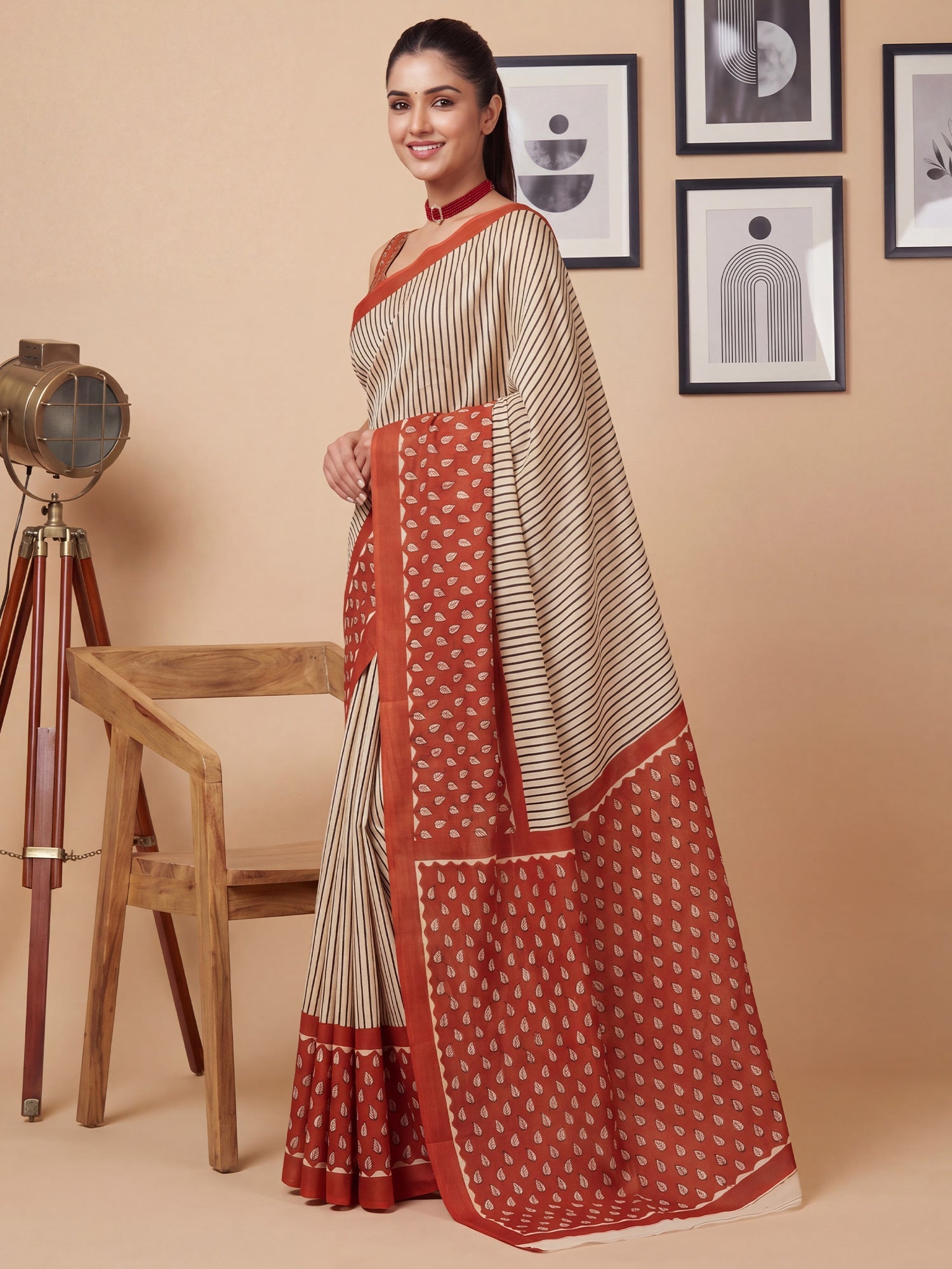 Cream Saree Striped Print Cotton Saree - Ressa