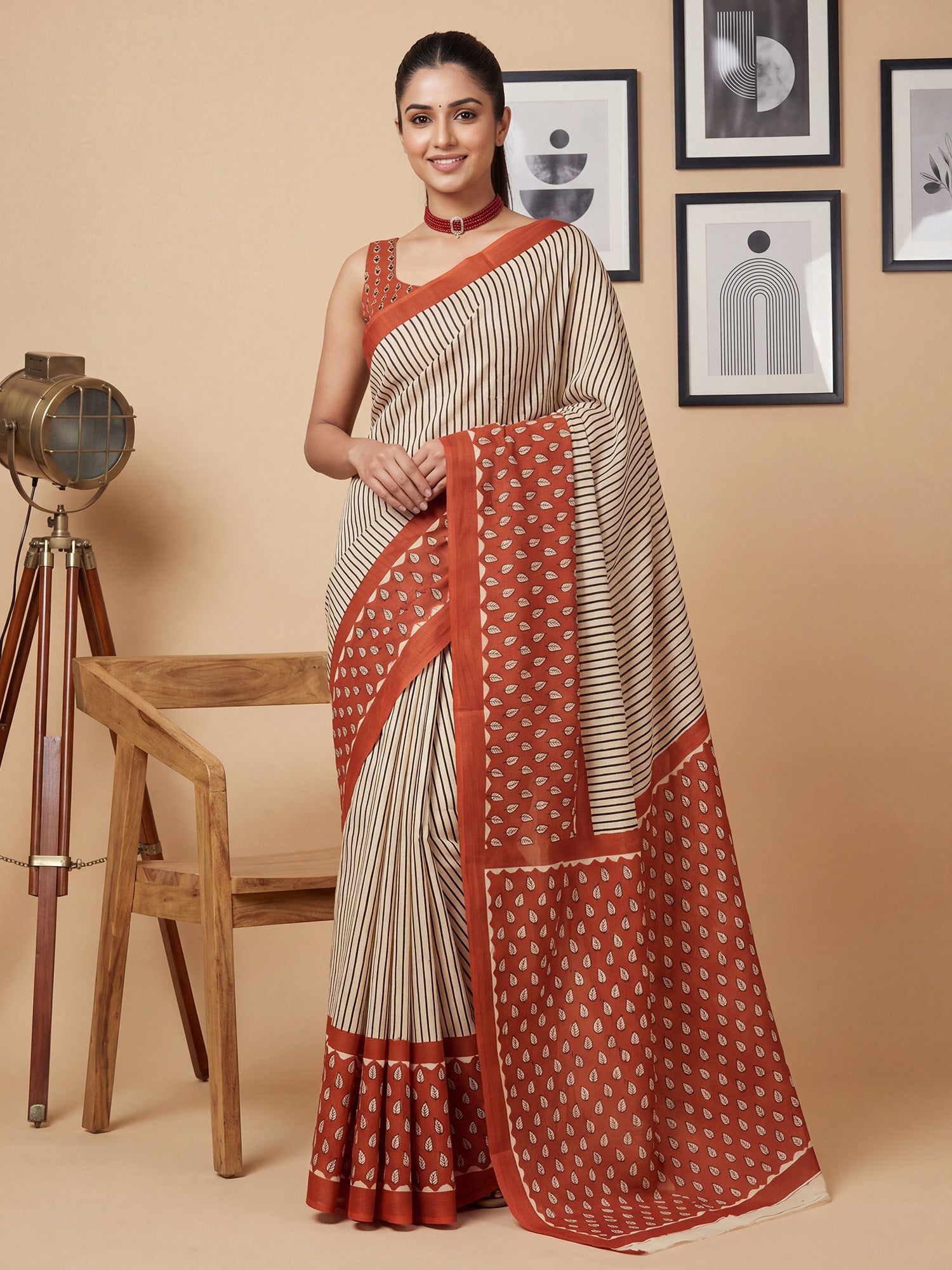 Cream Saree Striped Print Cotton Saree - Ressa