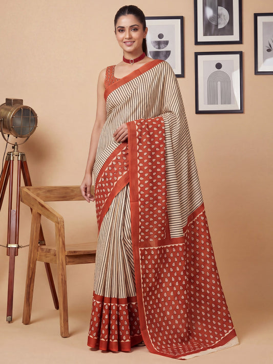 Cream Saree Striped Print Cotton Saree - Ressa