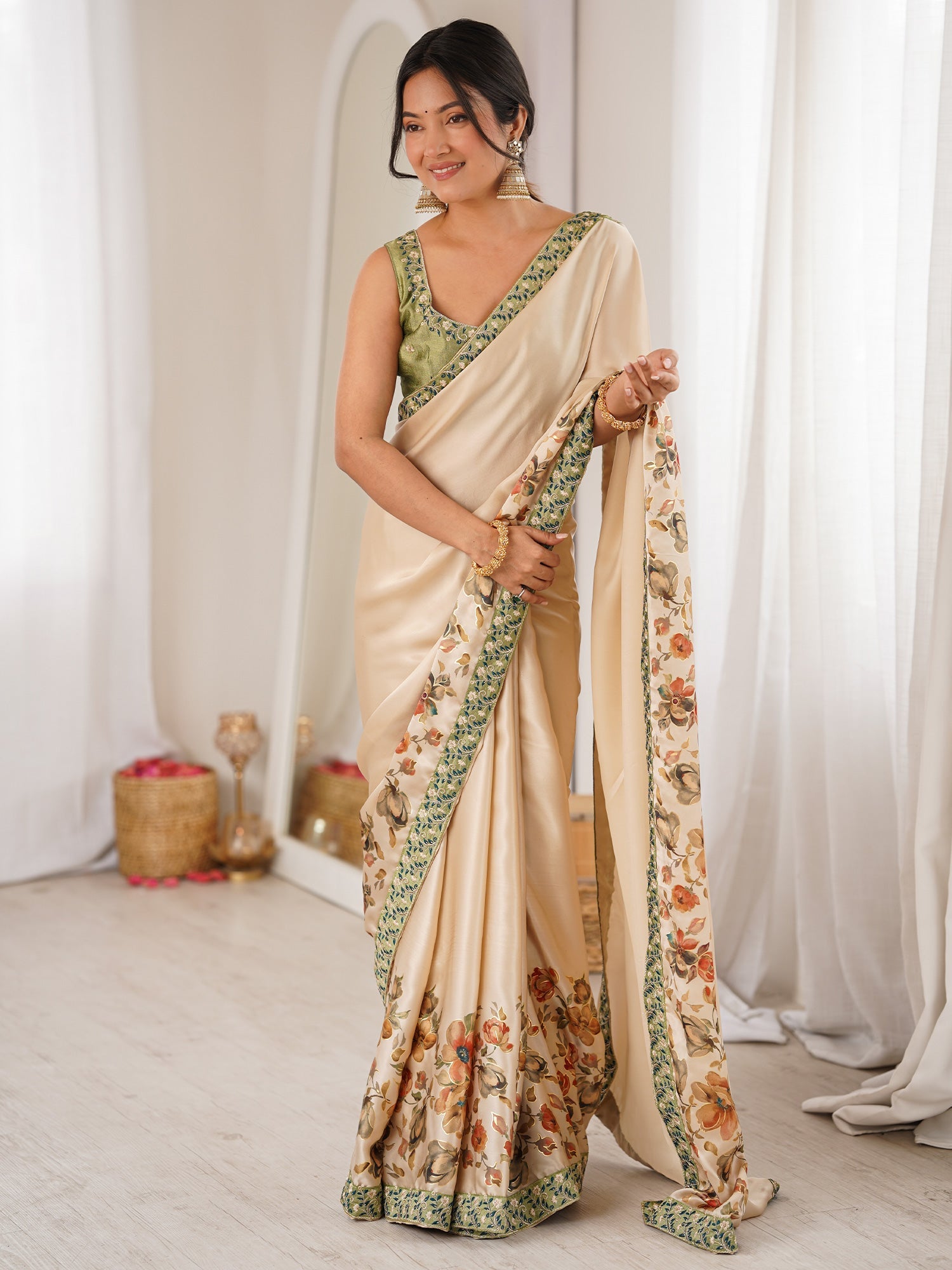 Cream Satin Georgette Saree with Floral Digital Print - Ressa