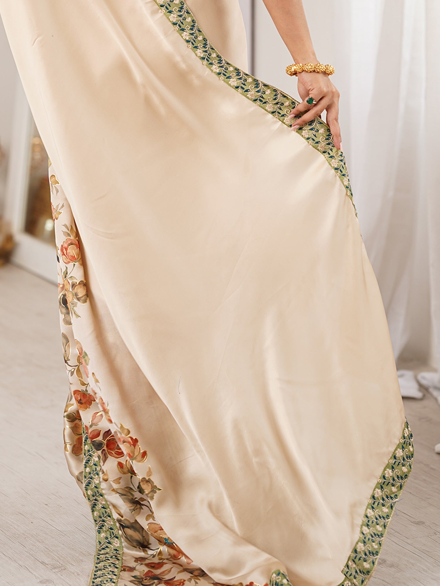 Cream Satin Georgette Saree with Floral Digital Print - Ressa