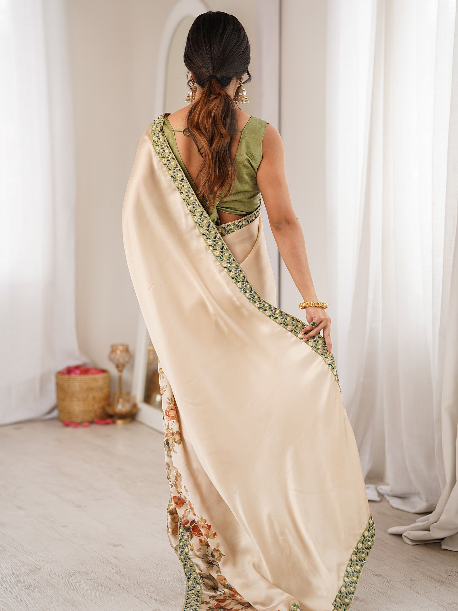 Cream Satin Georgette Saree with Floral Digital Print - Ressa
