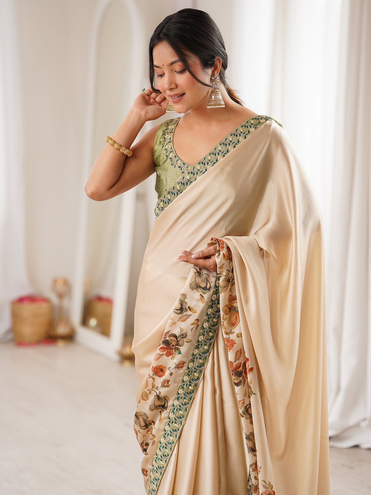 Cream Satin Georgette Saree with Floral Digital Print - Ressa