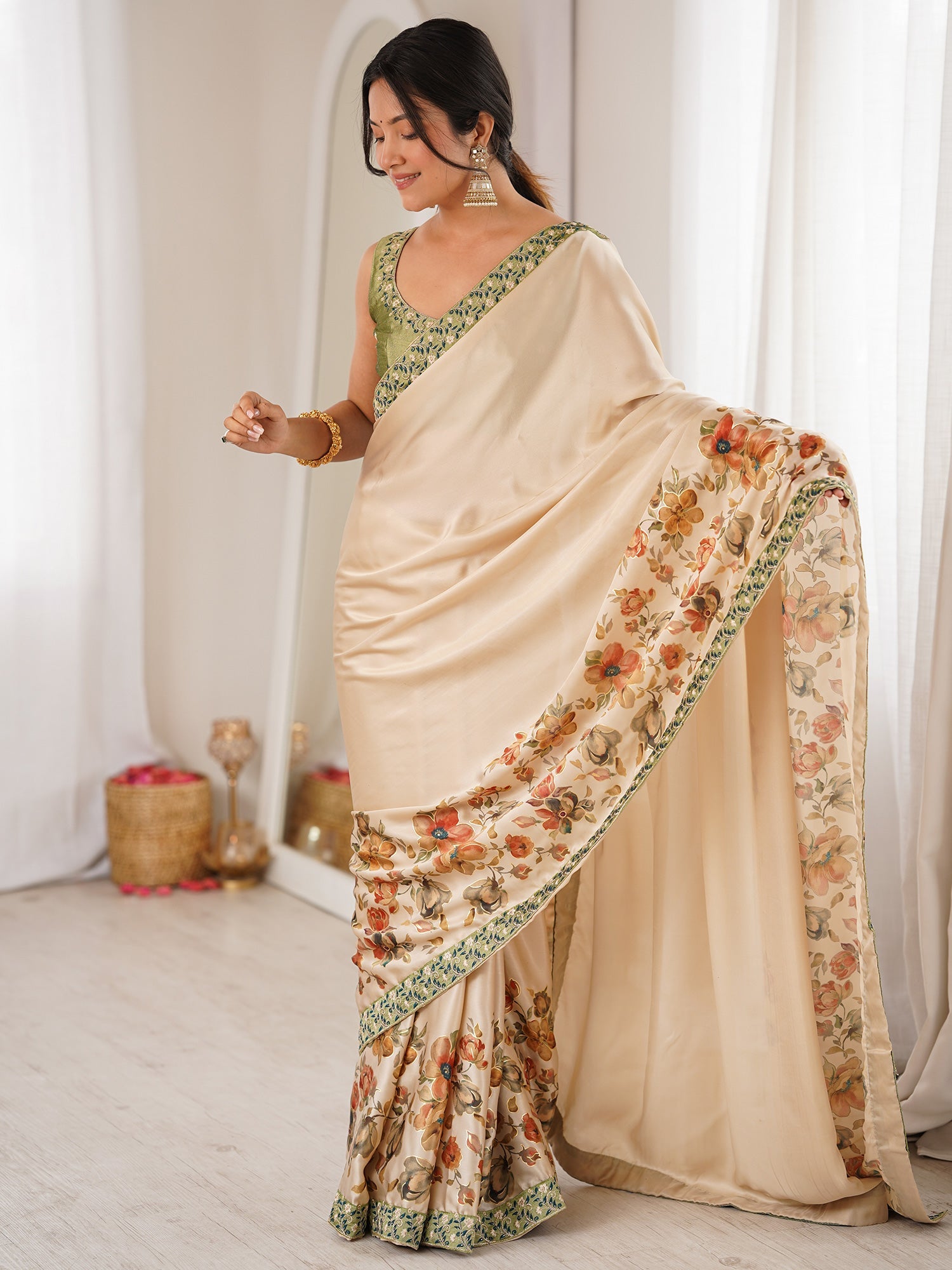 Cream Satin Georgette Saree with Floral Digital Print - Ressa