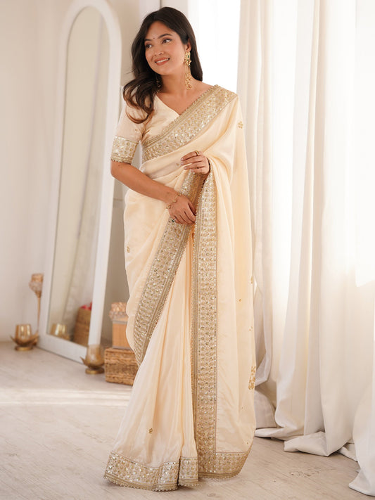 Cream Satin Silk Saree with Intricate Sequins and Gota Embroidered Border - Ressa