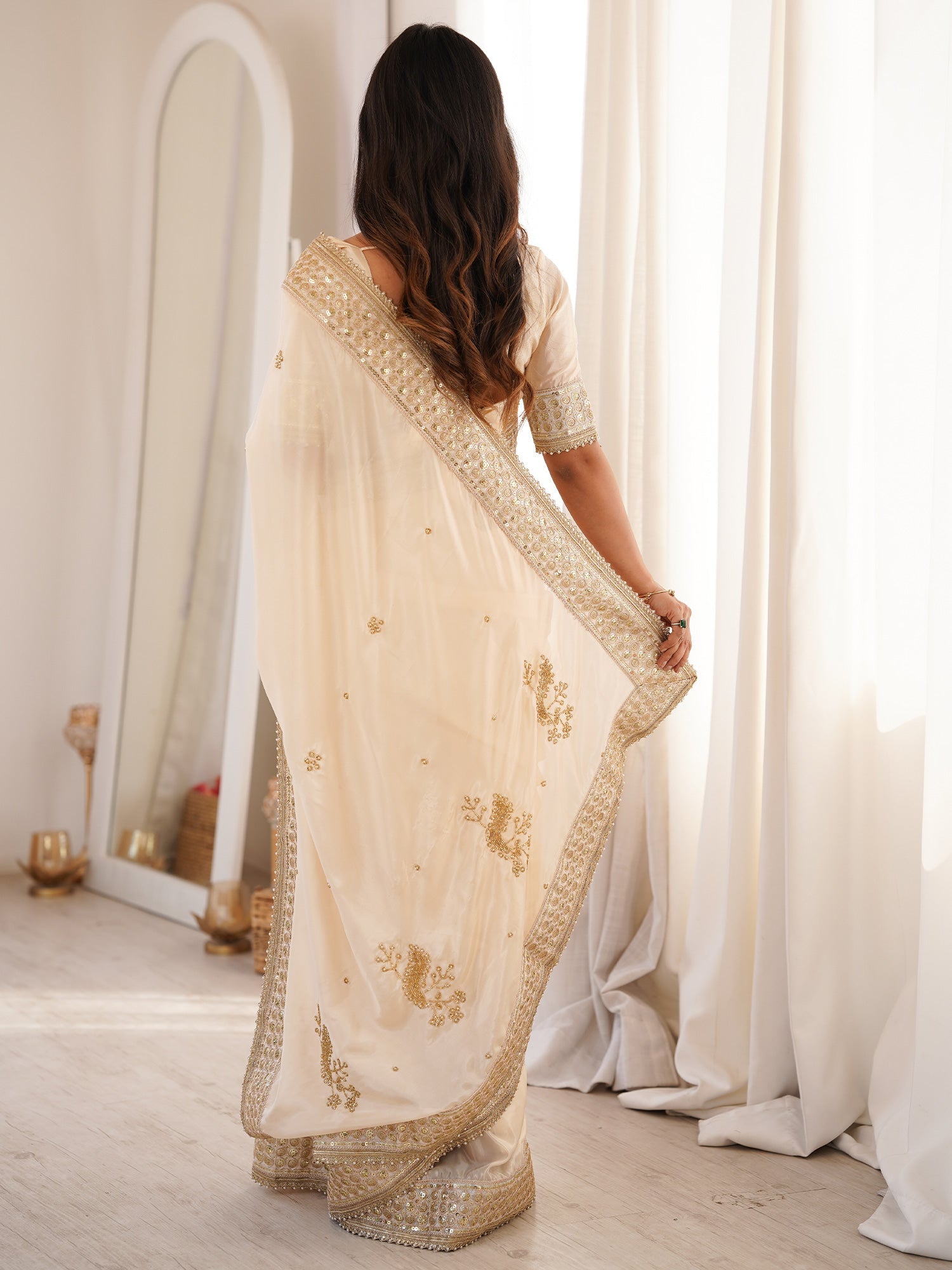 Cream Satin Silk Saree with Intricate Sequins and Gota Embroidered Border - Ressa