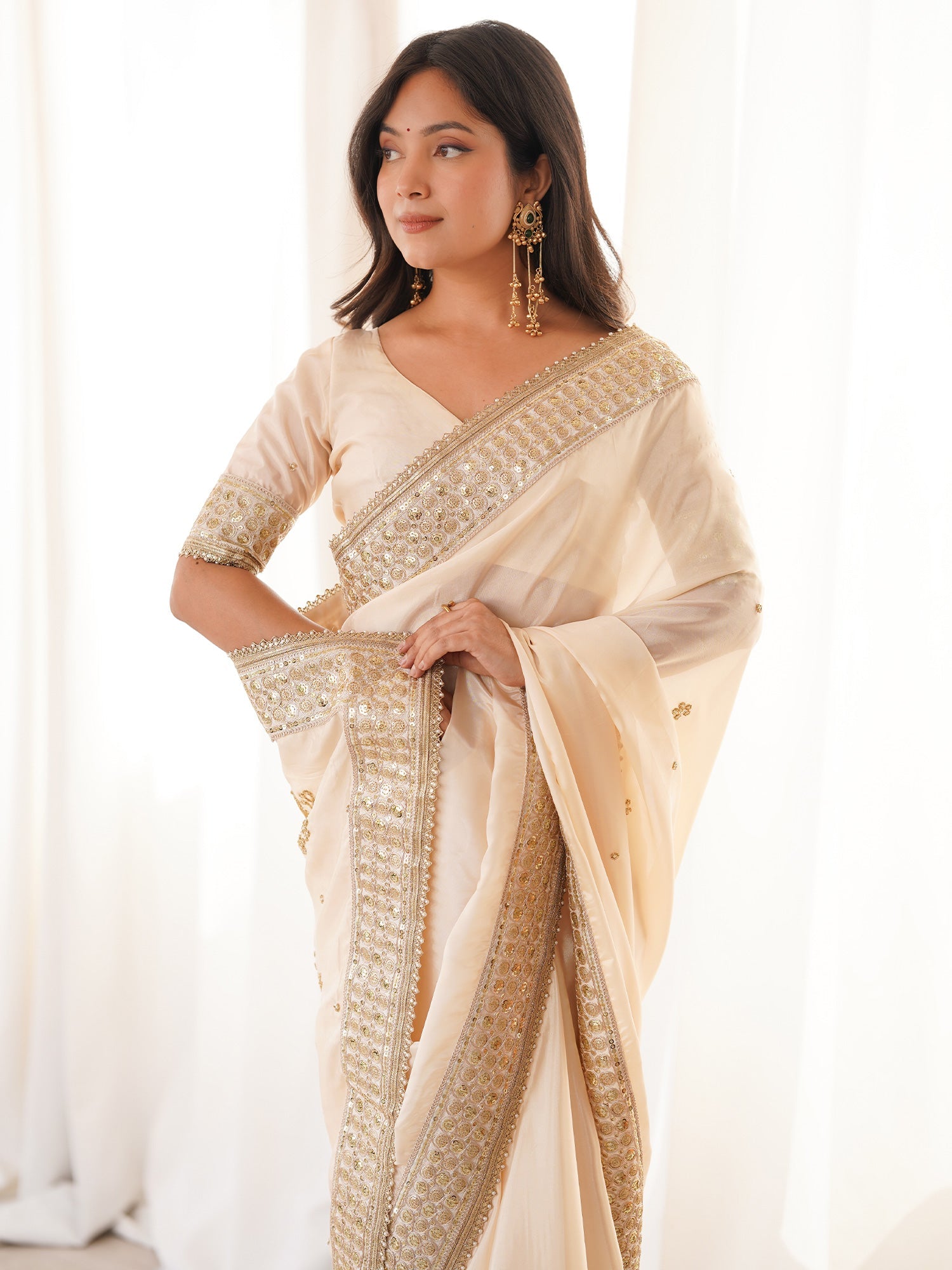 Cream Satin Silk Saree with Intricate Sequins and Gota Embroidered Border - Ressa