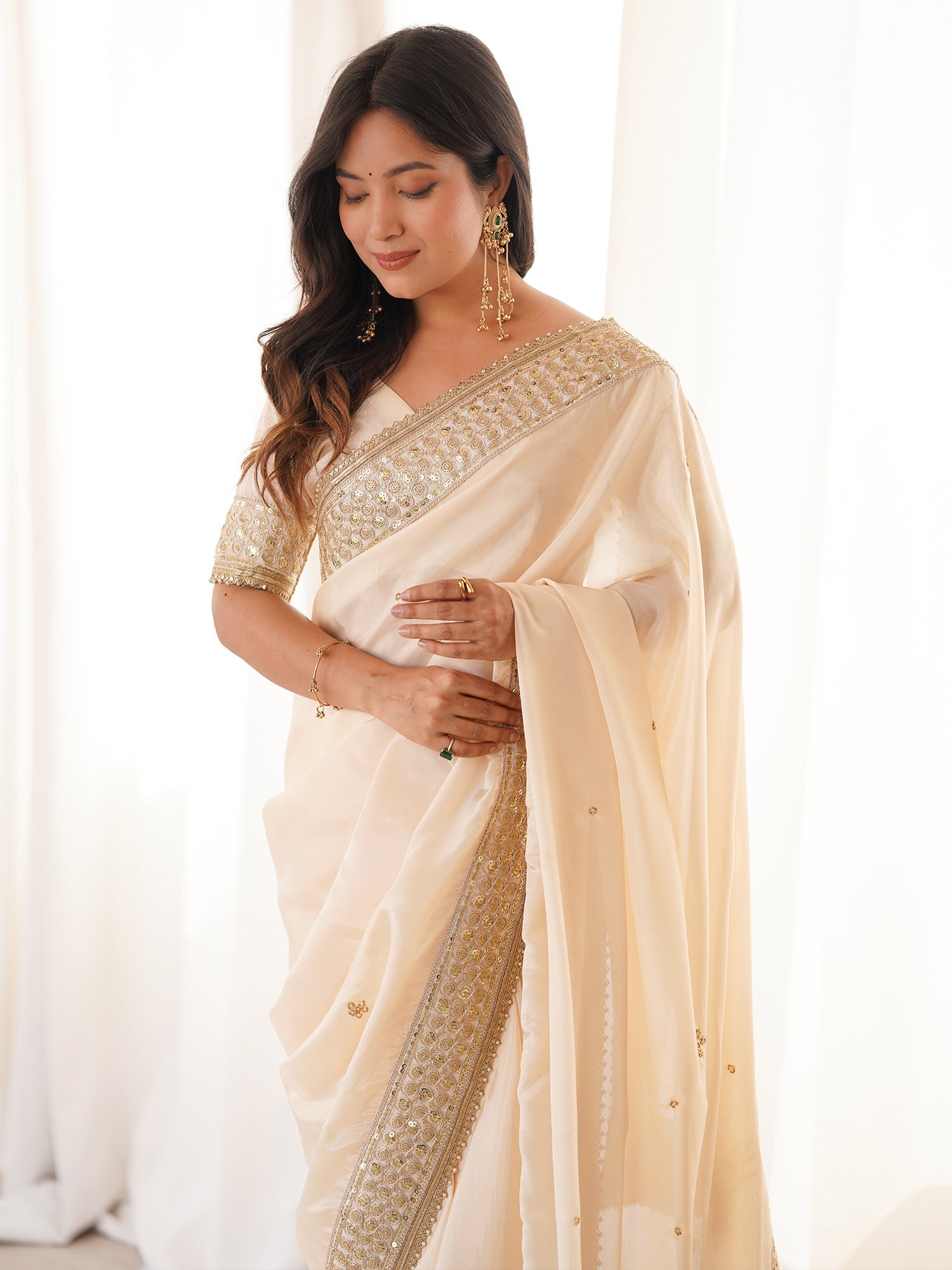 Cream Satin Silk Saree with Intricate Sequins and Gota Embroidered Border - Ressa