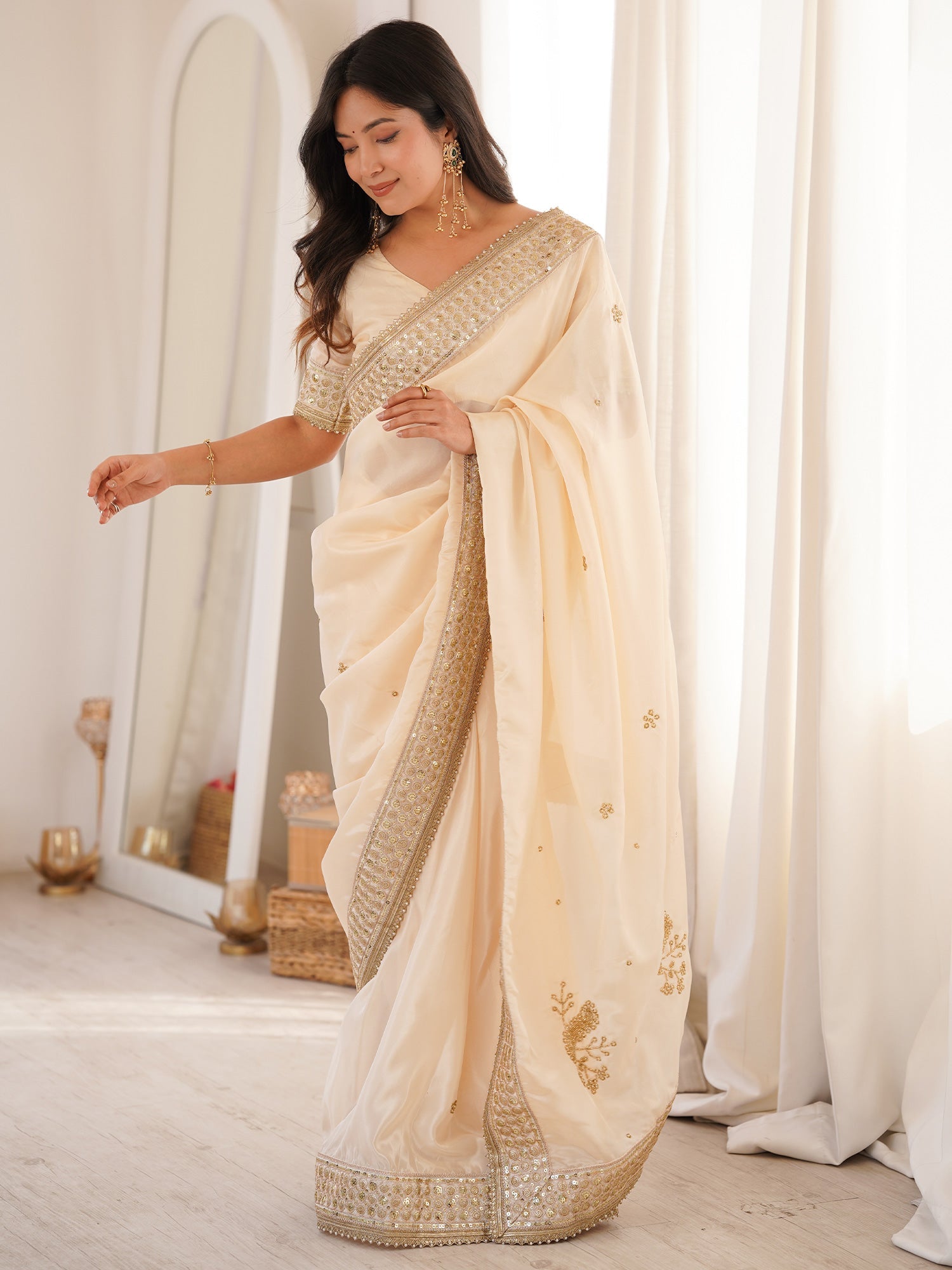 Cream Satin Silk Saree with Intricate Sequins and Gota Embroidered Border - Ressa