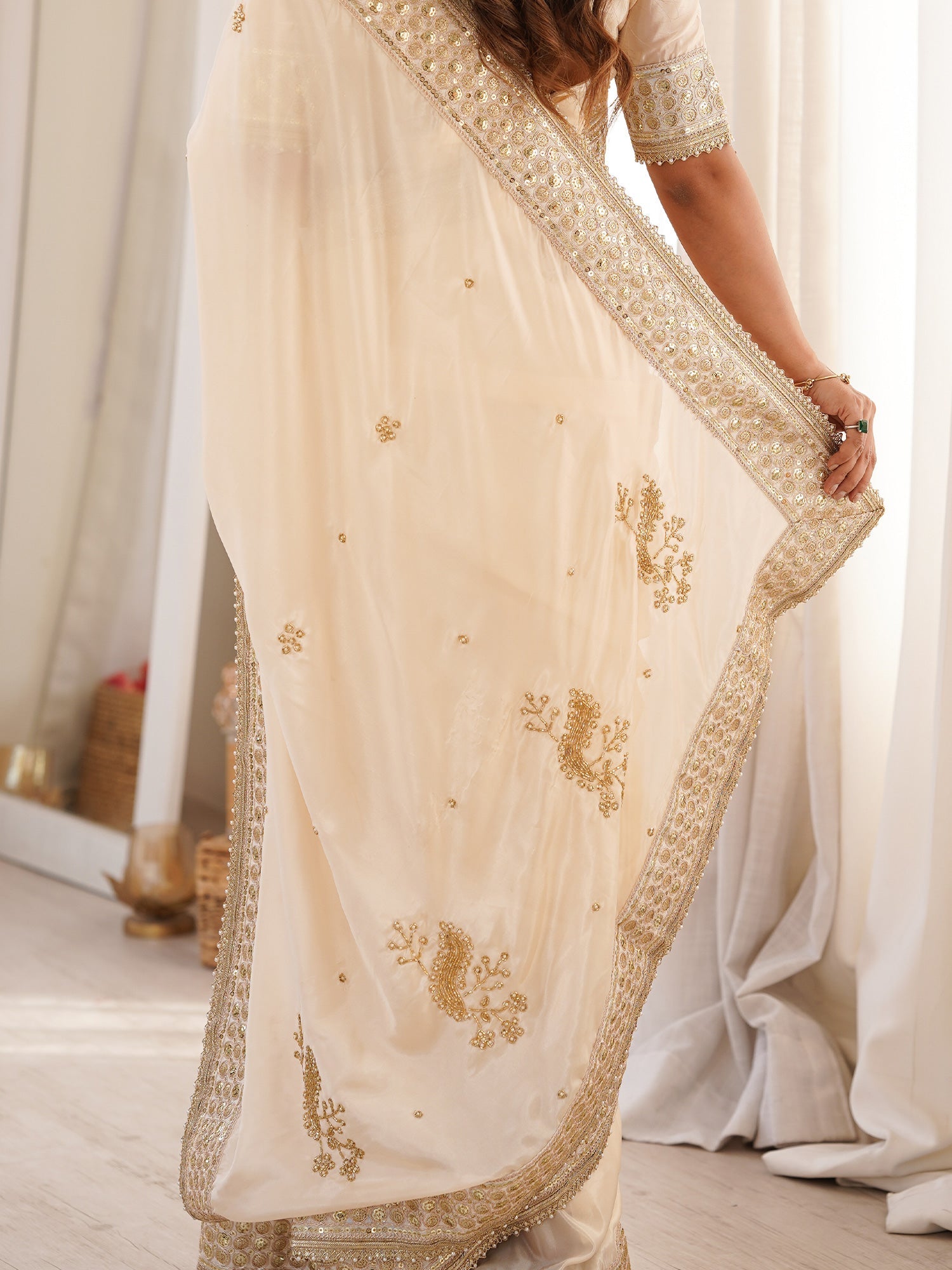 Cream Satin Silk Saree with Intricate Sequins and Gota Embroidered Border - Ressa