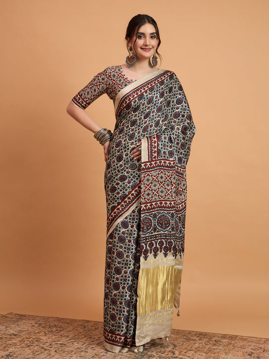 Cream Silk Blend Ajrakh Print Saree - Ressa