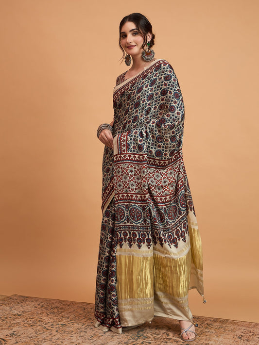 Cream Silk Blend Ajrakh Print Saree - Ressa