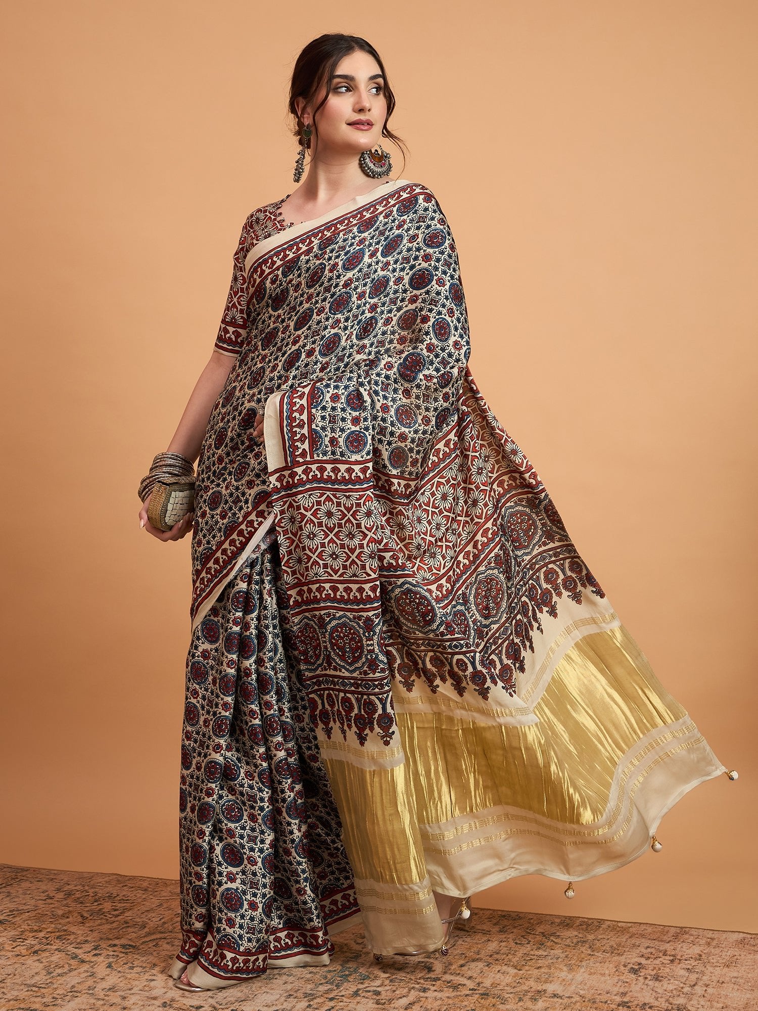 Cream Silk Blend Ajrakh Print Saree - Ressa