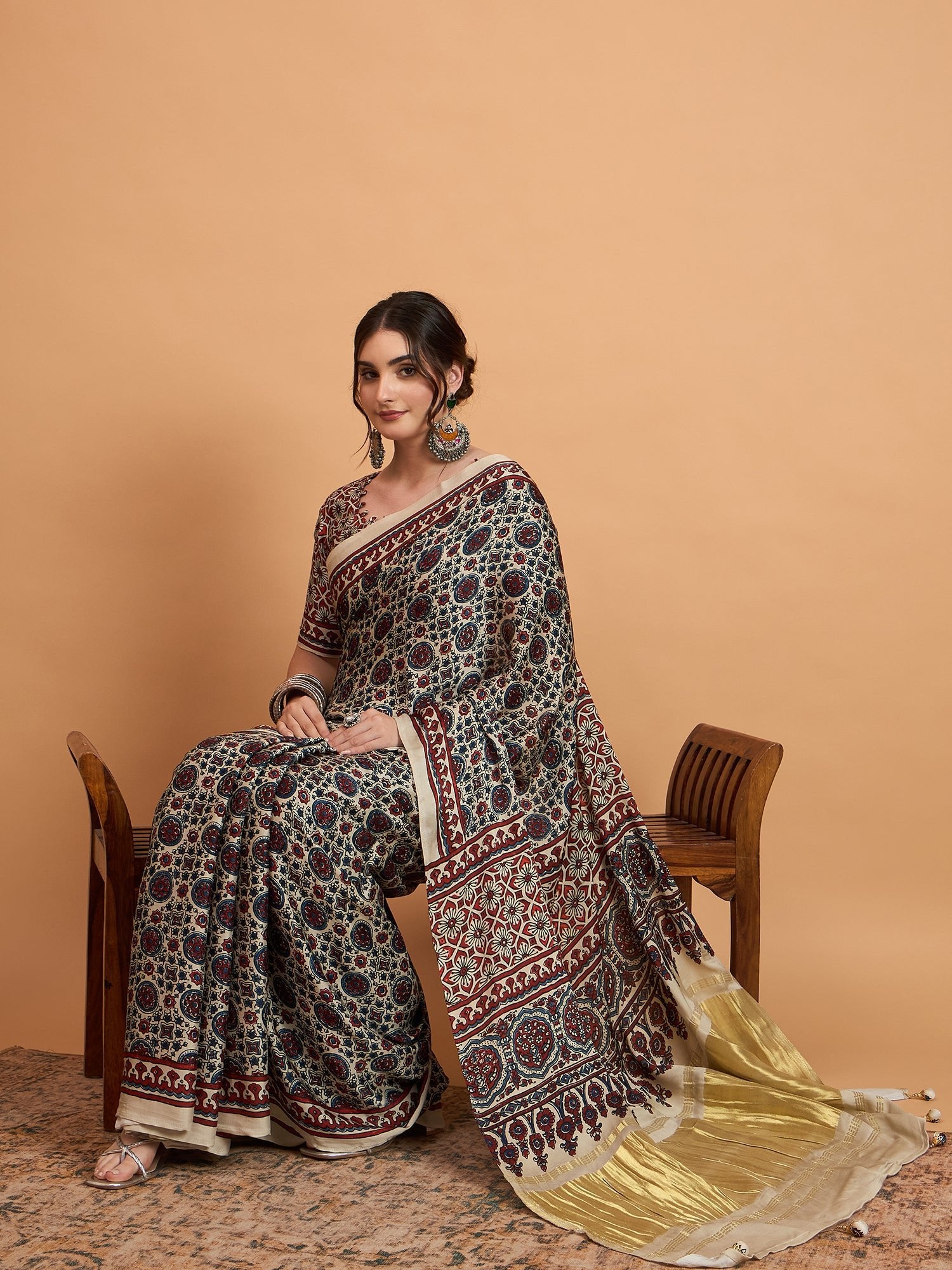 Cream Silk Blend Ajrakh Print Saree - Ressa