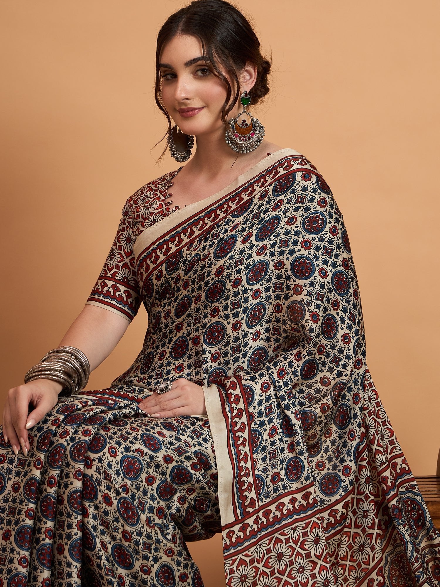 Cream Silk Blend Ajrakh Print Saree - Ressa
