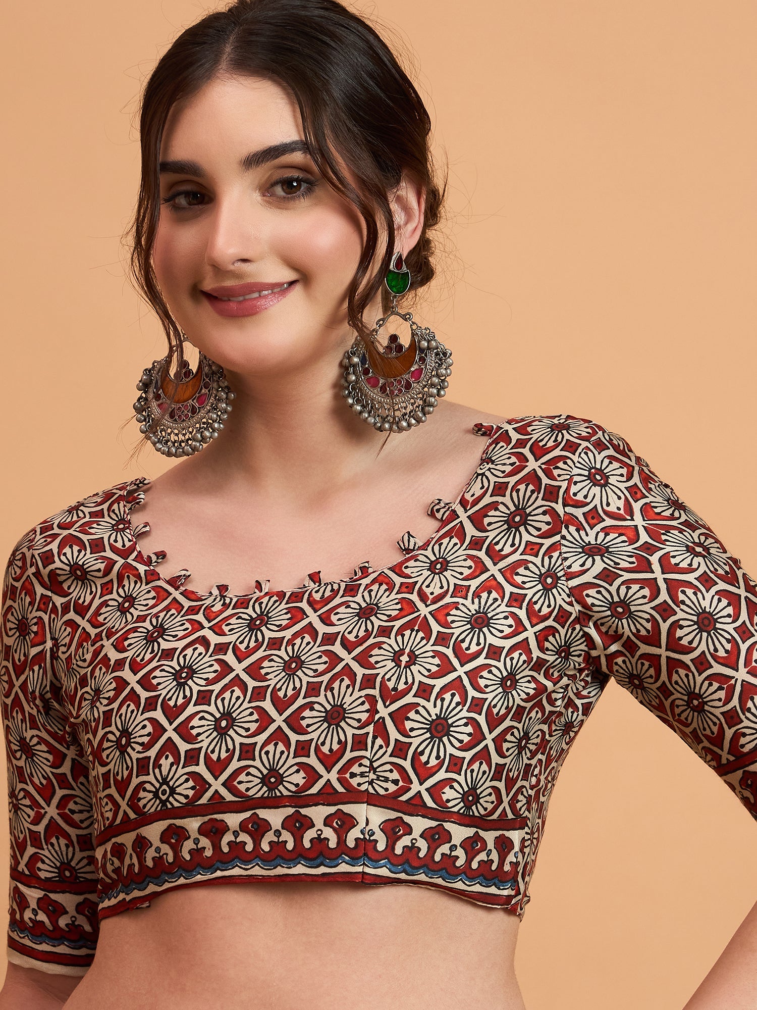 Cream Silk Blend Ajrakh Print Saree - Ressa