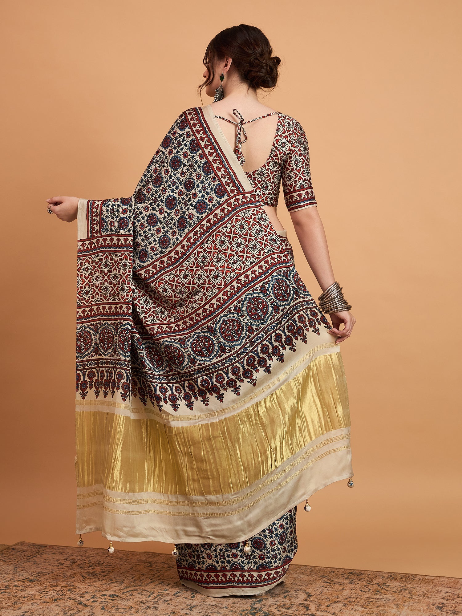 Cream Silk Blend Ajrakh Print Saree - Ressa