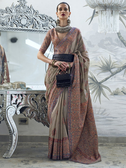 Cream Silk Blend Floral Print Saree - Ressa