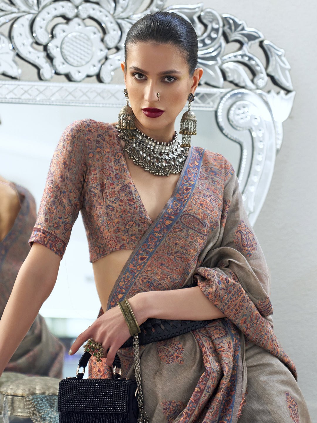 Cream Silk Blend Floral Print Saree - Ressa