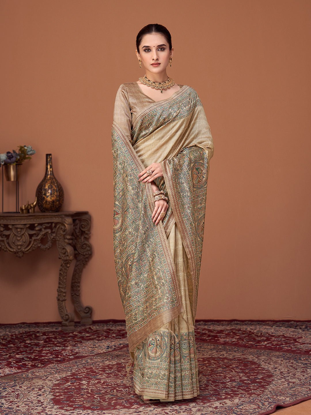Cream Silk Blend Heritage Banarasi Style Saree - Ressa