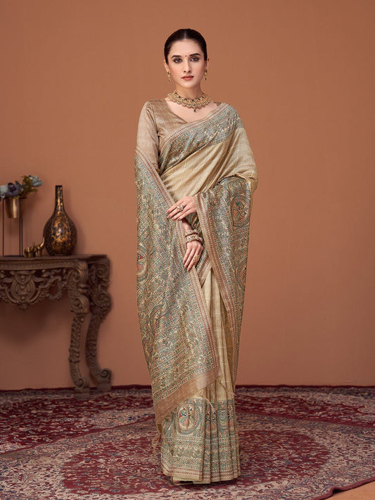 Cream Silk Blend Heritage Banarasi Style Saree - Ressa