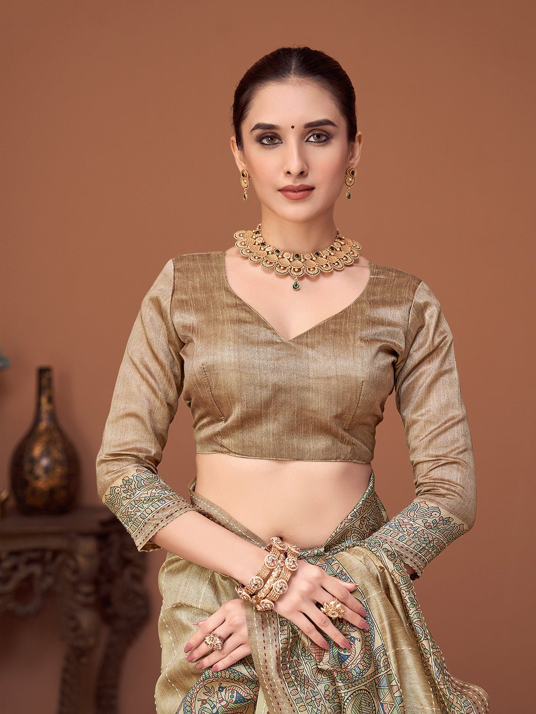 Cream Silk Blend Heritage Banarasi Style Saree - Ressa