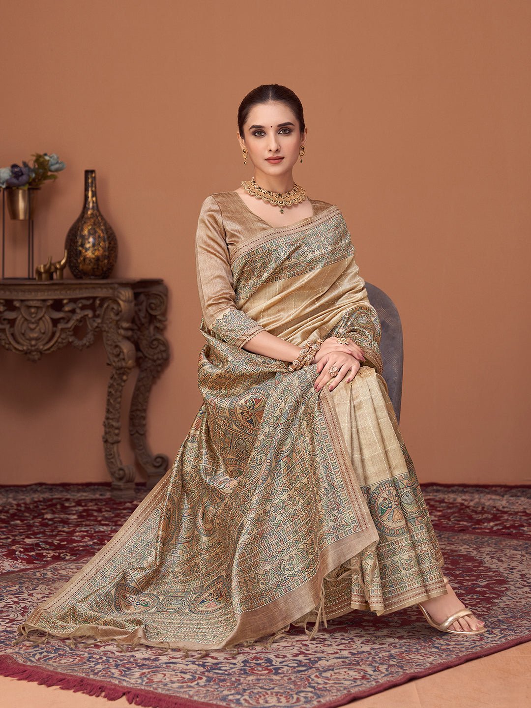 Cream Silk Blend Heritage Banarasi Style Saree - Ressa