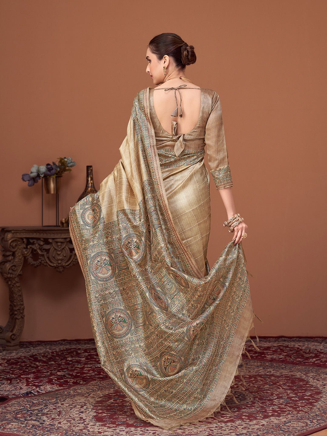 Cream Silk Blend Heritage Banarasi Style Saree - Ressa