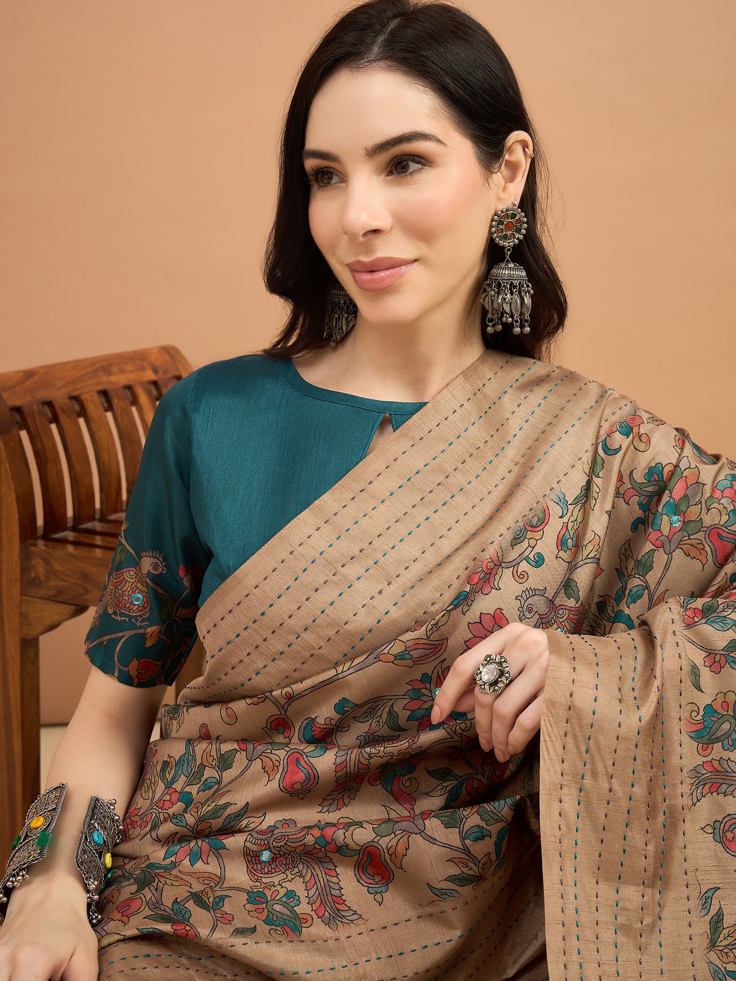 Cream Silk Blend Heritage Floral Print Saree - Ressa