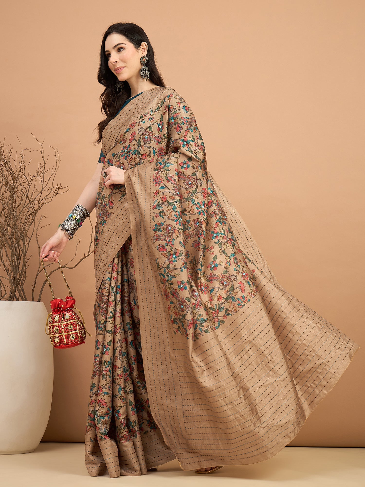 Cream Silk Blend Heritage Floral Print Saree - Ressa