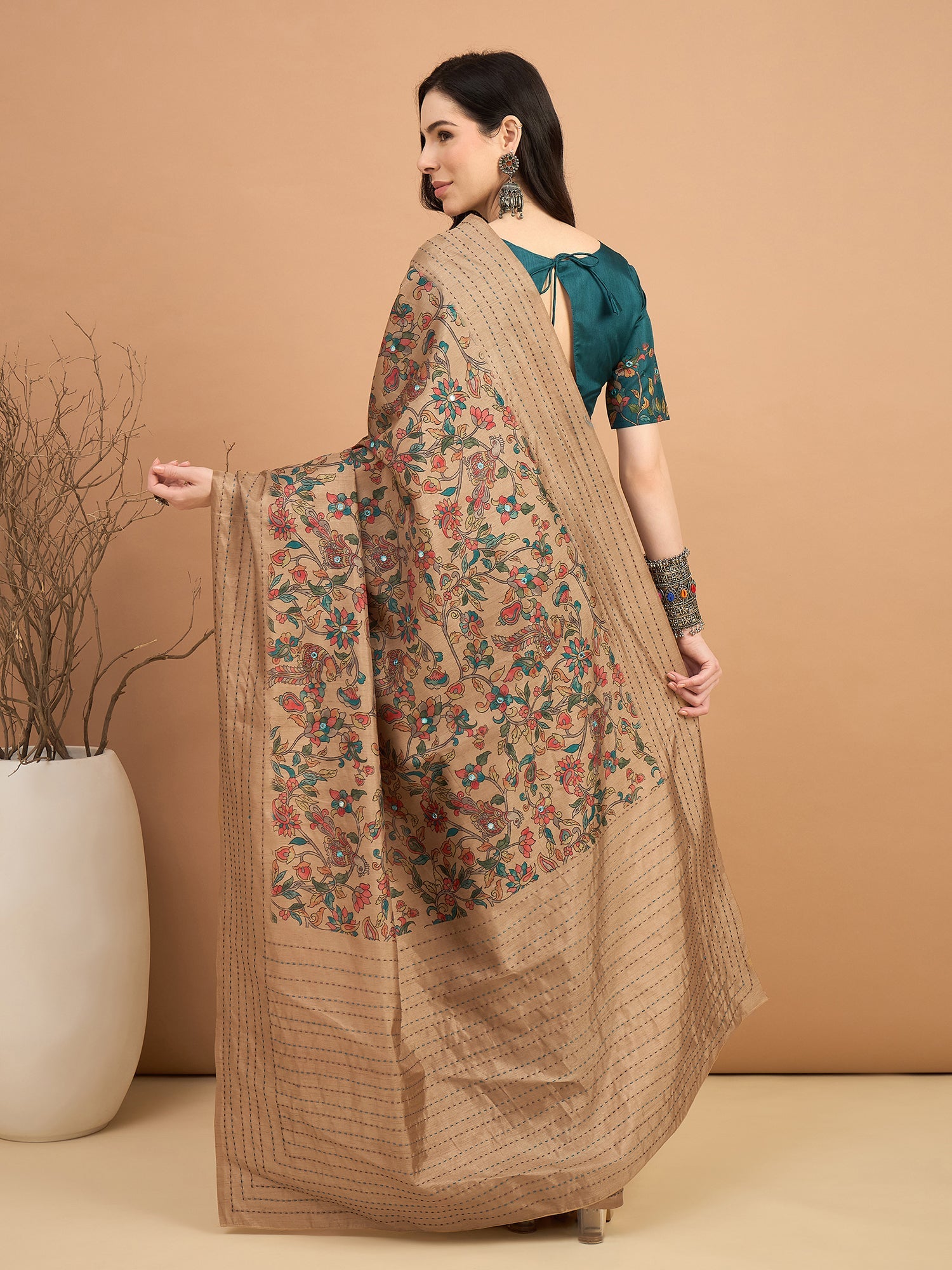 Cream Silk Blend Heritage Floral Print Saree - Ressa