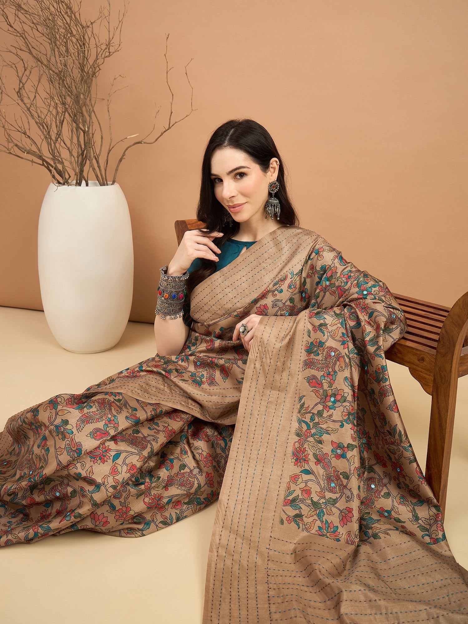 Cream Silk Blend Heritage Floral Print Saree - Ressa