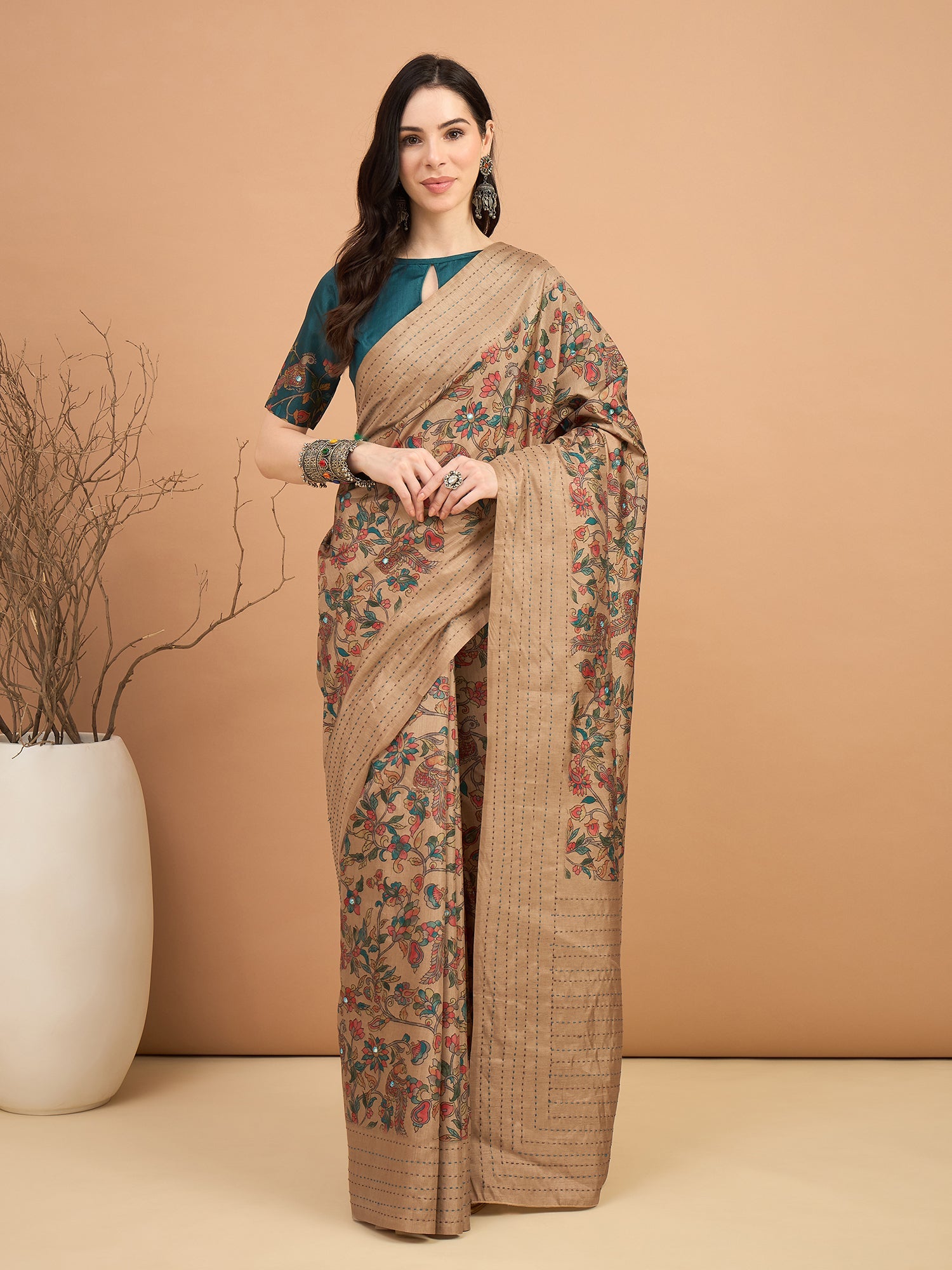 Cream Silk Blend Heritage Floral Print Saree - Ressa