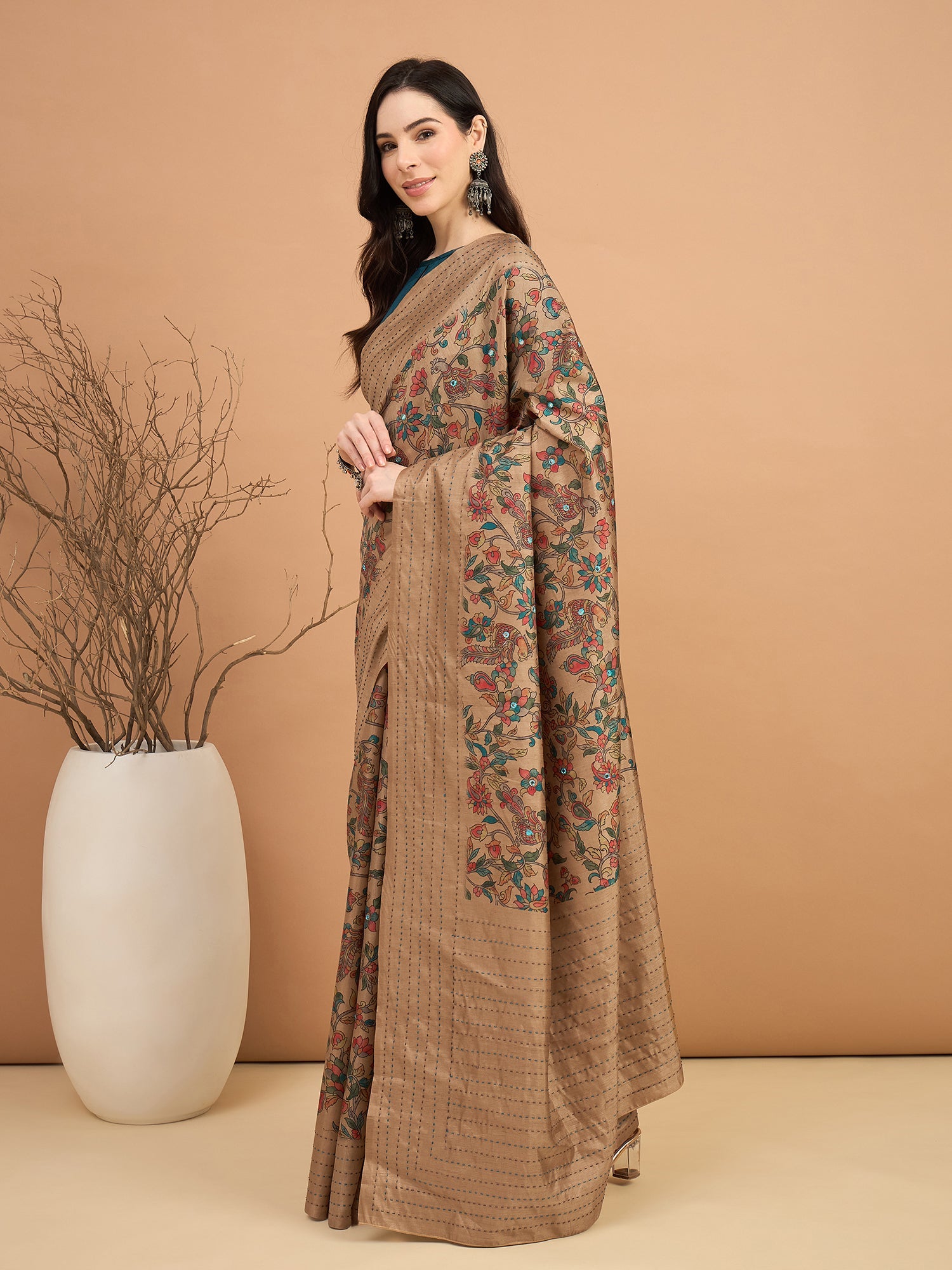 Cream Silk Blend Heritage Floral Print Saree - Ressa