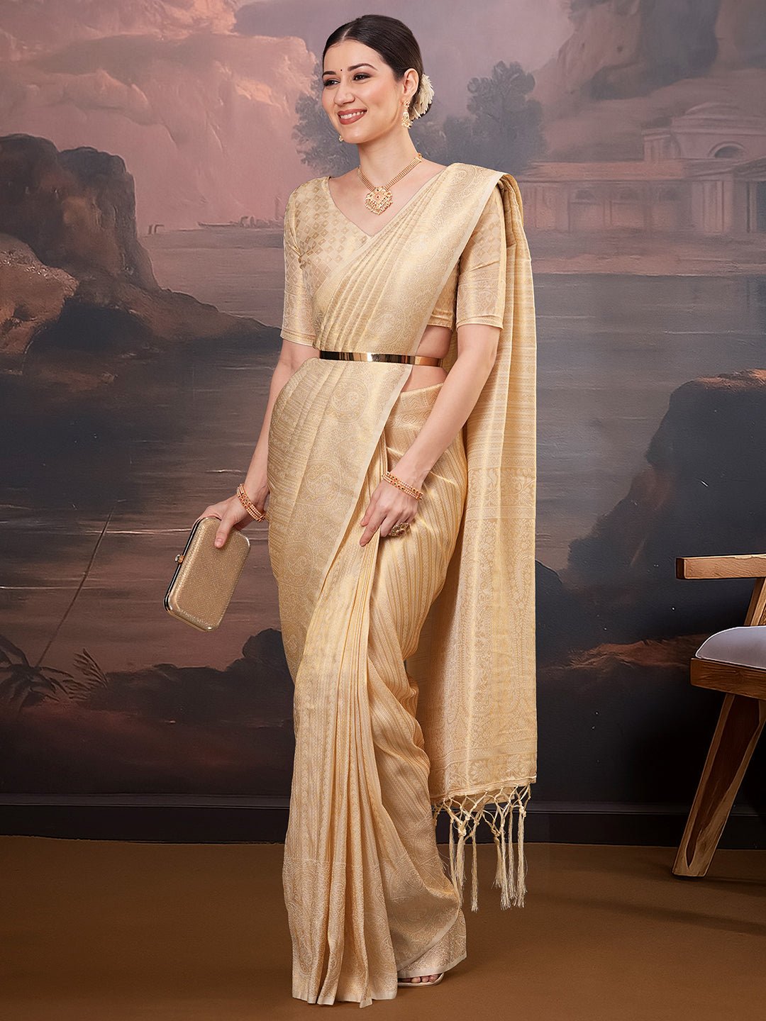 Cream Silk Blend kanjeevaram Saree - Ressa