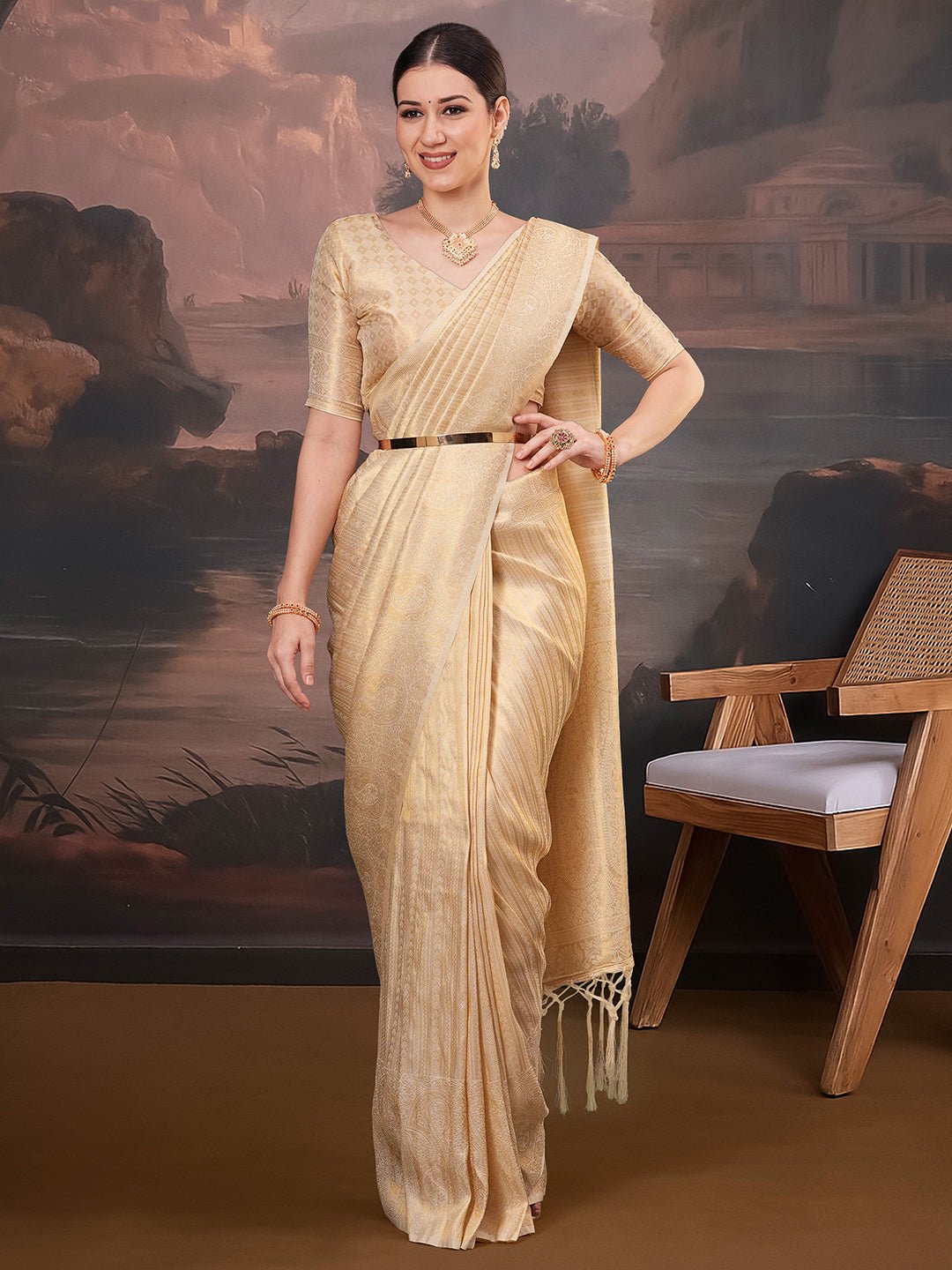 Cream Silk Blend kanjeevaram Saree - Ressa