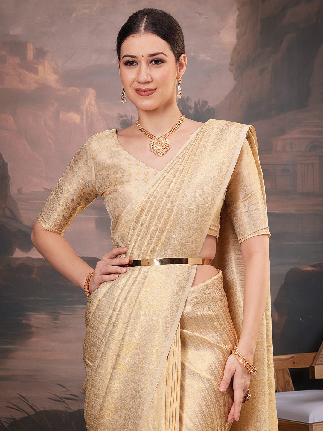 Cream Silk Blend kanjeevaram Saree - Ressa