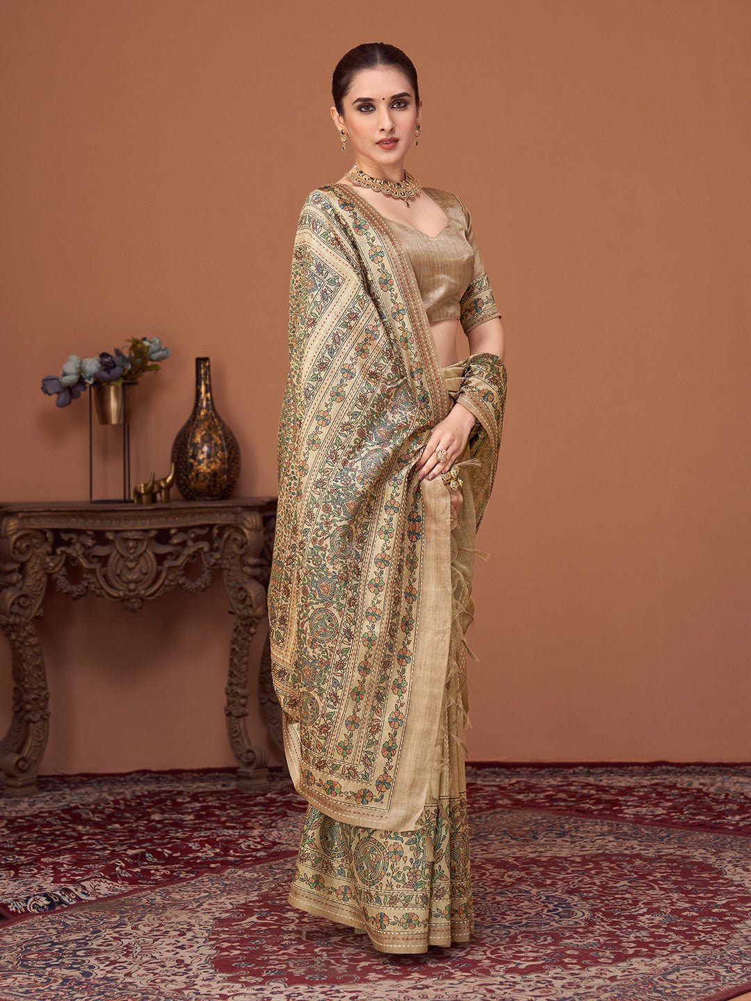 Cream Silk Blend Tissue Heritage Floral Saree - Ressa