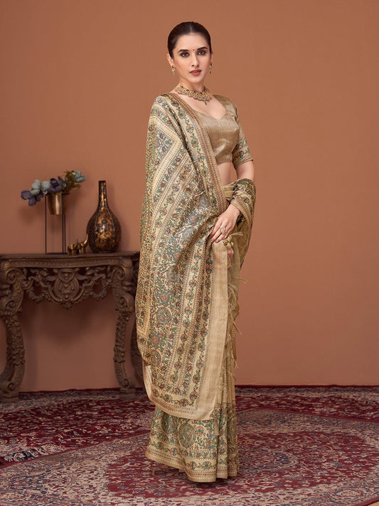 Cream Silk Blend Tissue Heritage Floral Saree - Ressa
