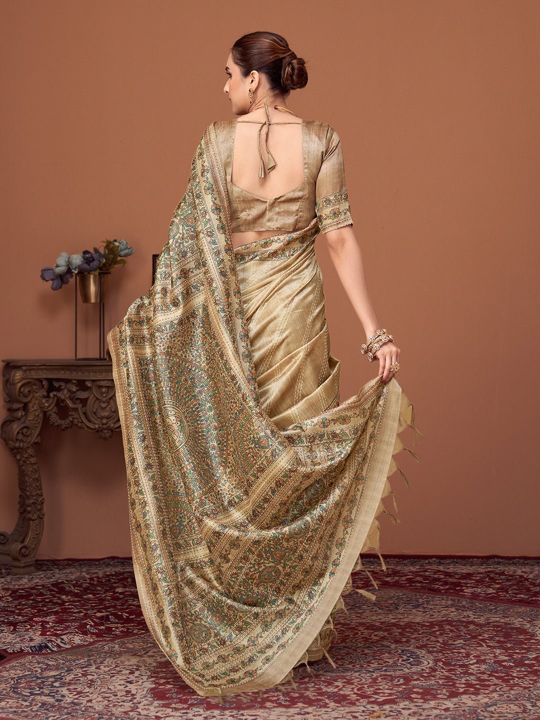 Cream Silk Blend Tissue Heritage Floral Saree - Ressa