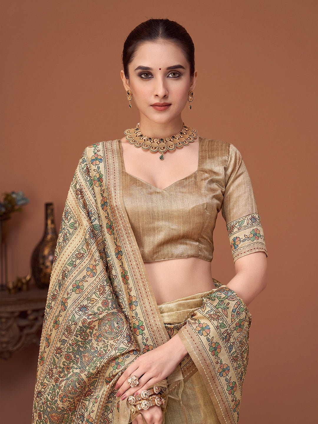 Cream Silk Blend Tissue Heritage Floral Saree - Ressa