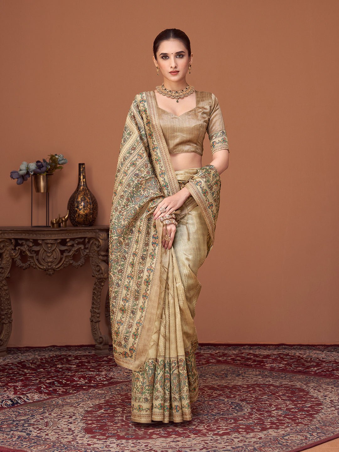 Cream Silk Blend Tissue Heritage Floral Saree - Ressa