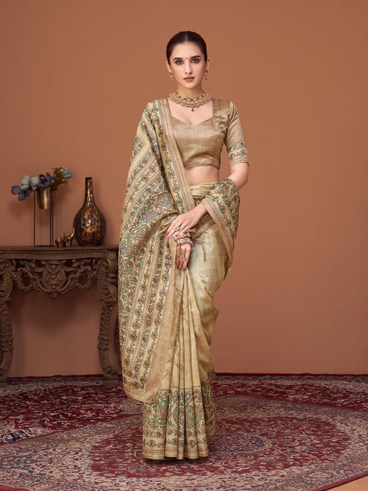 Cream Silk Blend Tissue Heritage Floral Saree - Ressa