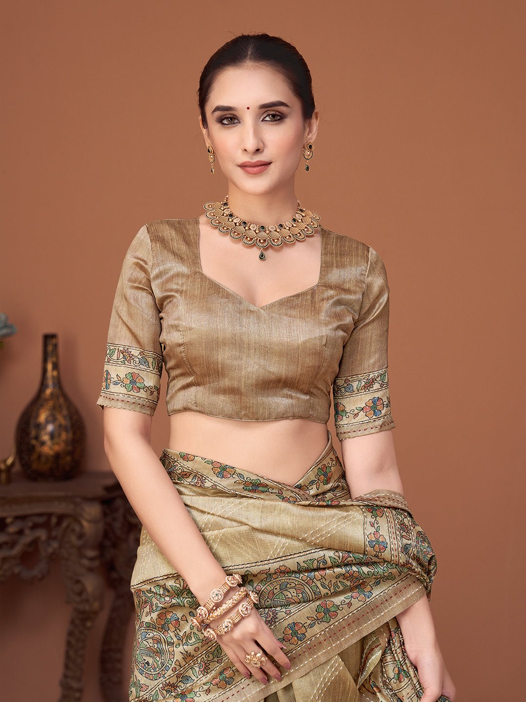 Cream Silk Blend Tissue Heritage Floral Saree - Ressa