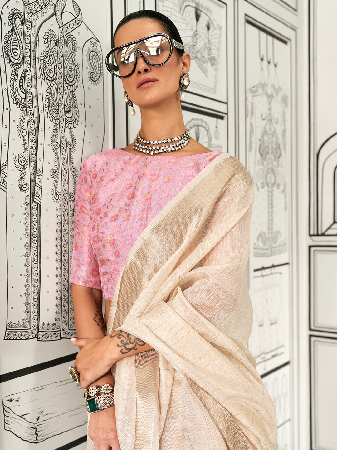 Cream Silk Blend Zari Weaving Saree - Ressa