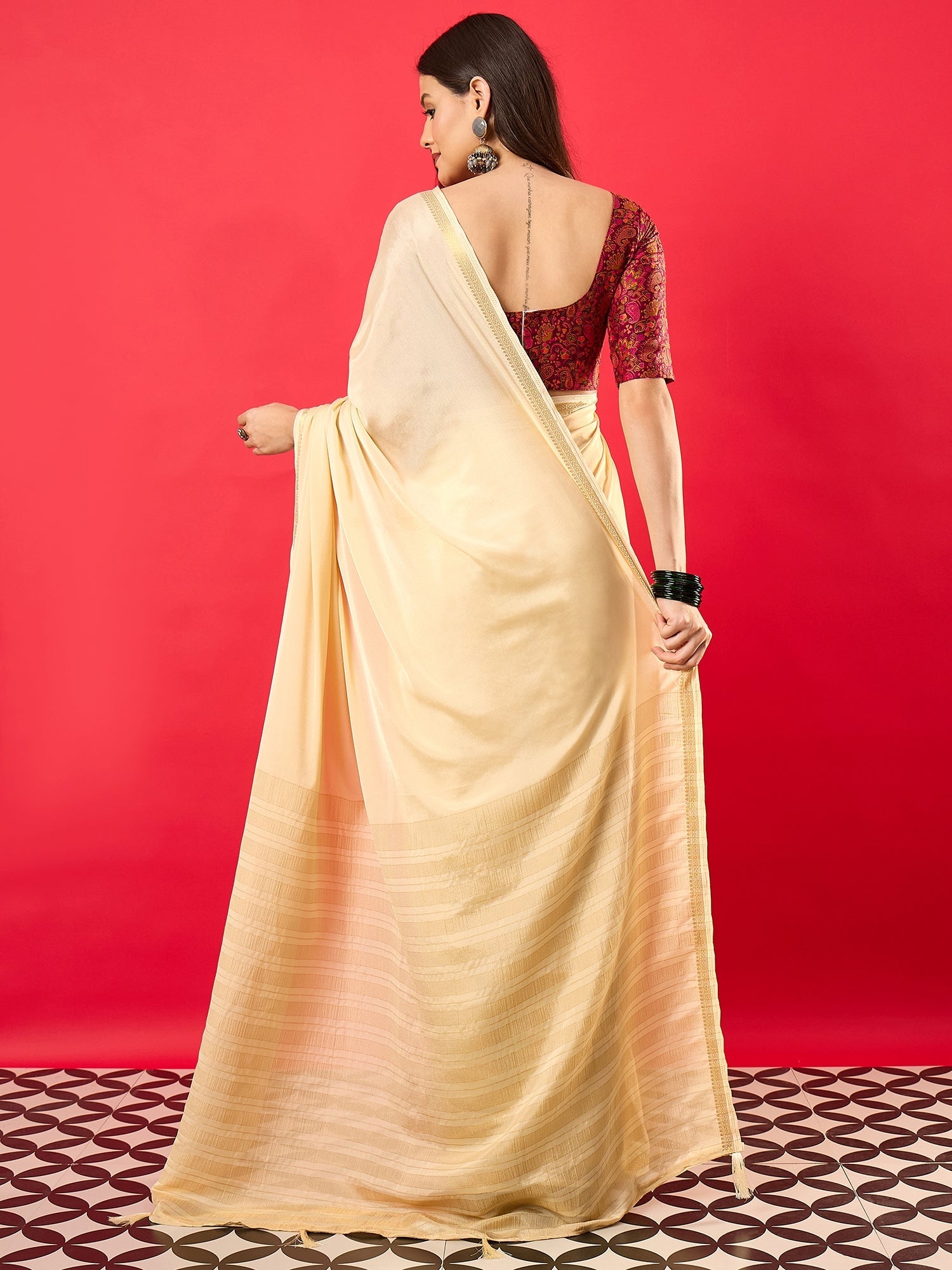 Cream Silk Saree with Paisley Print Blouse - Ressa