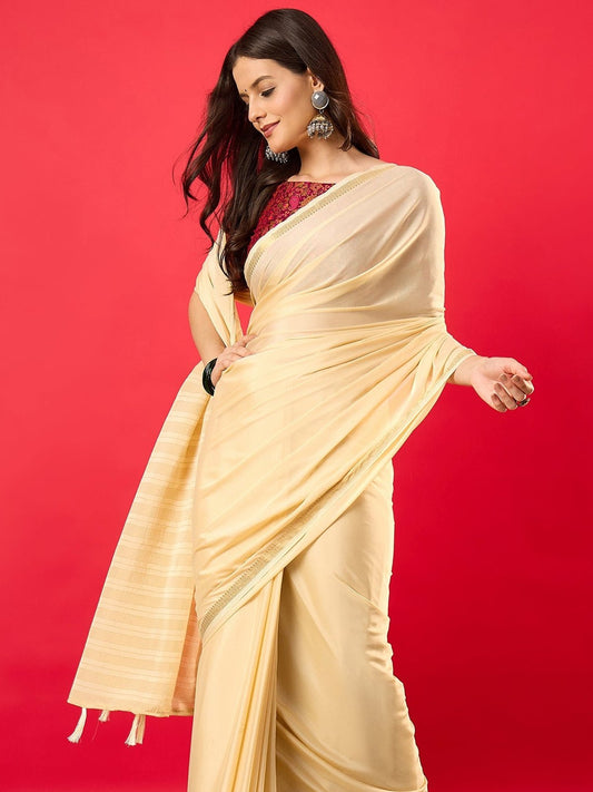 Cream Silk Saree with Paisley Print Blouse - Ressa