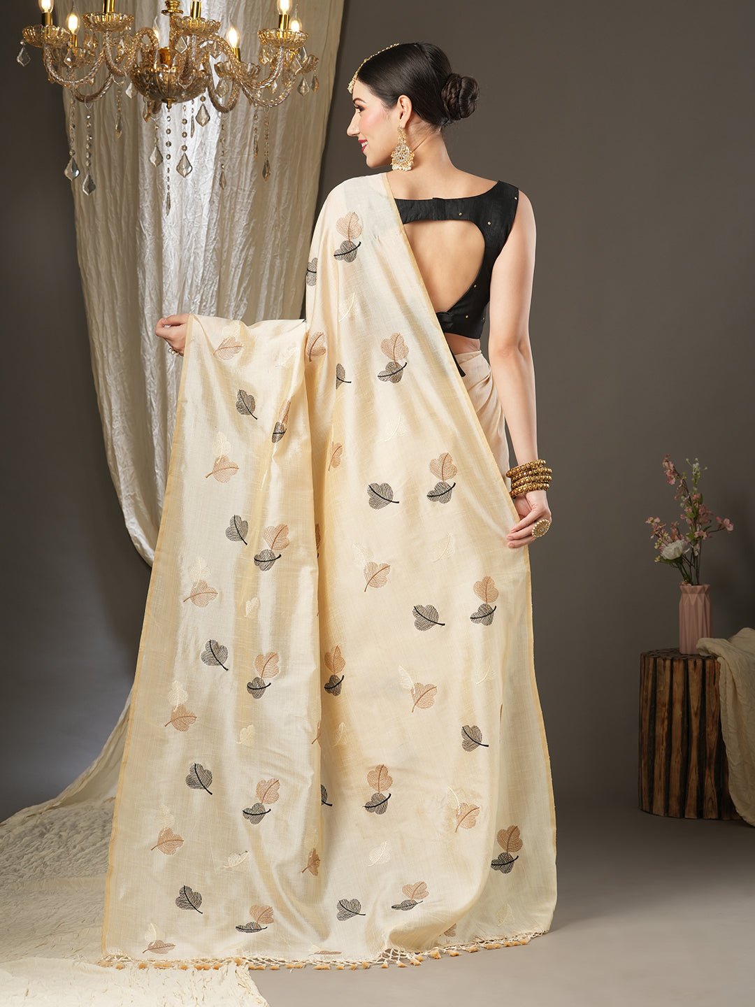 Cream Silk Saree with Woven Leaf Motifs - Ressa