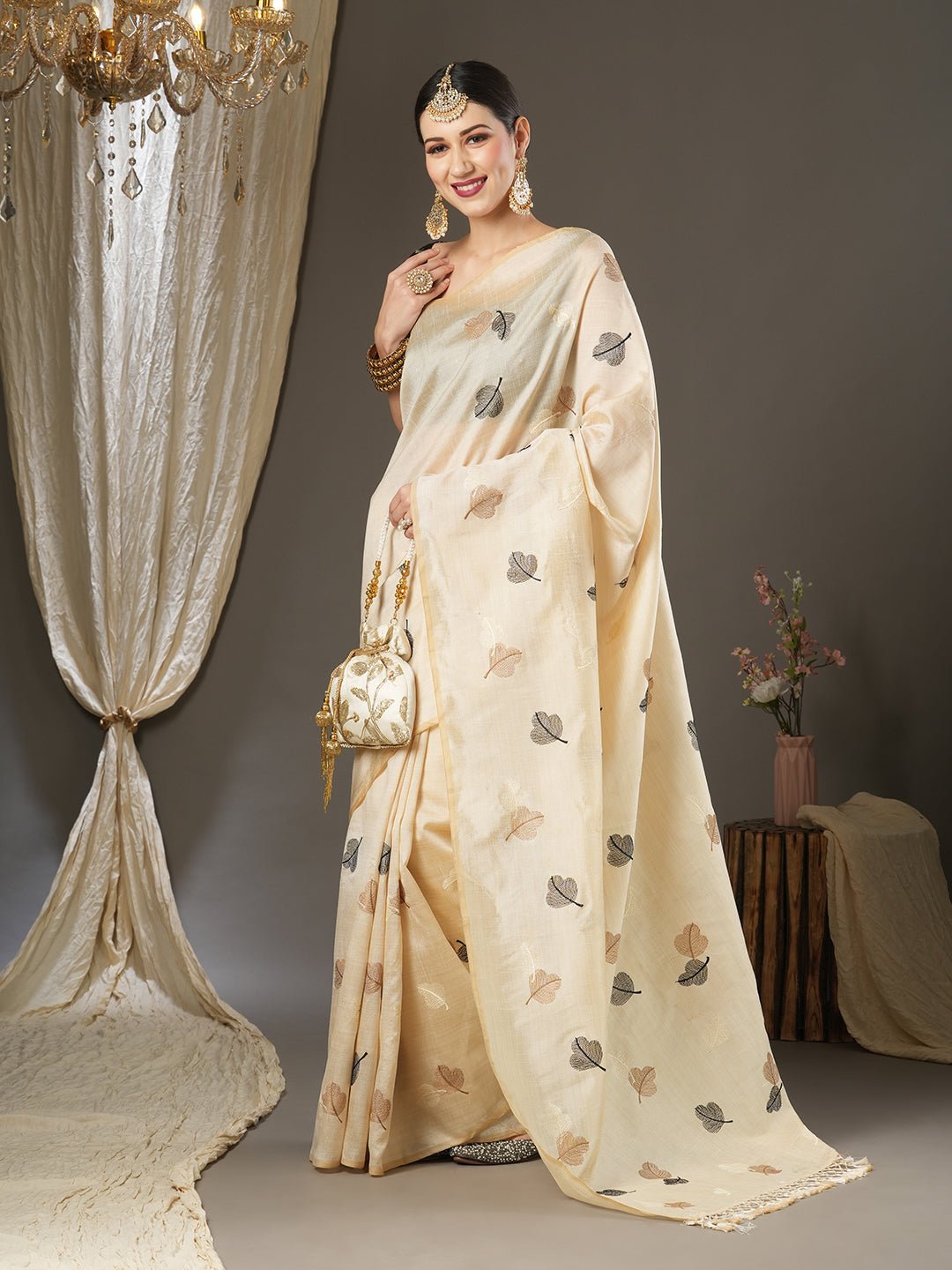 Cream Silk Saree with Woven Leaf Motifs - Ressa