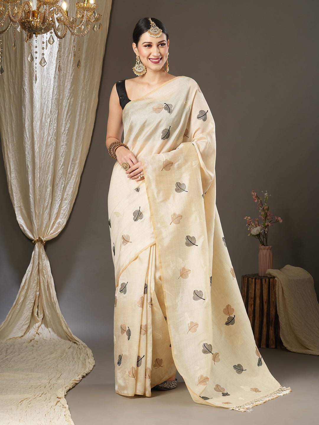 Cream Silk Saree with Woven Leaf Motifs - Ressa